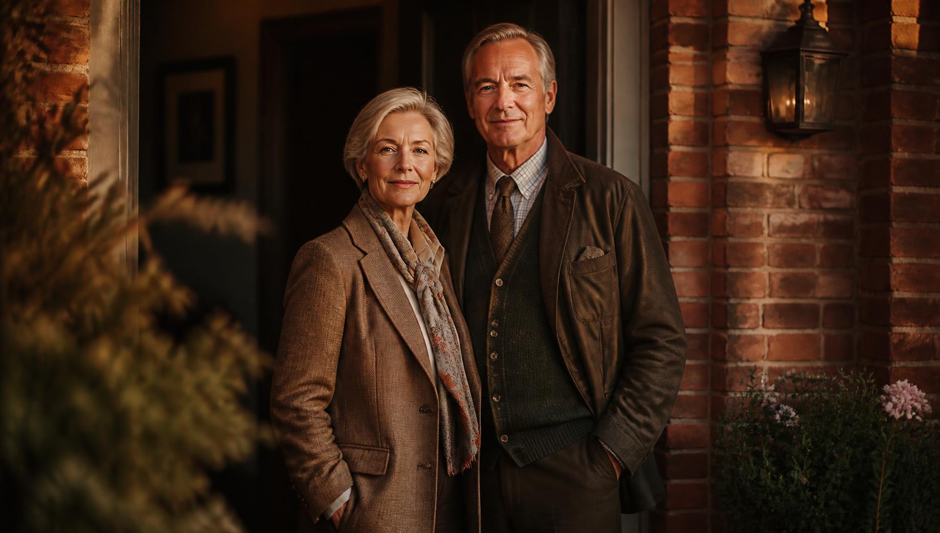 Older British homeowners standing at the front door of their period home